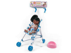 11寸花布裙黑皮肤女娃带音乐+手推车（2色）