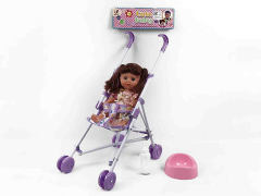 11寸花布裙白皮肤女娃带音乐+手推车（2色）