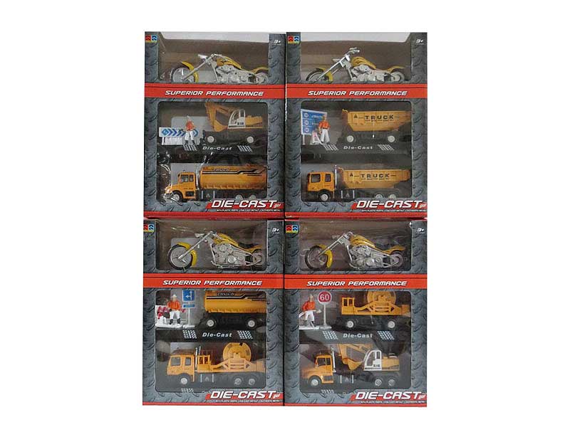 Die Cast Construction Truck Pull Back & Motorcycle Set(3in1) toys