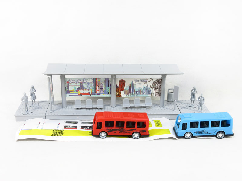 Pull Back Bus & Diy Scene Bus Stop(2in1) toys