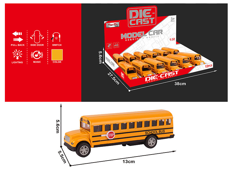 1:32 Die Cast School Bus Pull Back W/L_M(12in1) toys