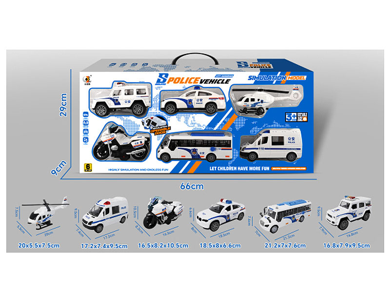 Friction Police Car & Pull Back Motorcycle & Pull Line Airplane(6in1) toys