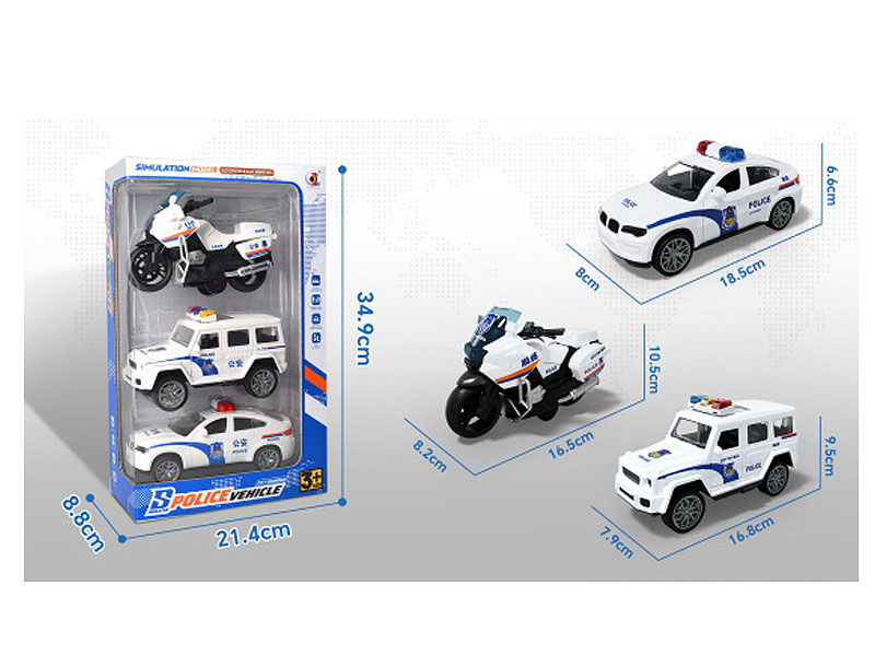 Friction Police Car & Pull Back Motorcycle & Pull Line Airplane(3in1) toys