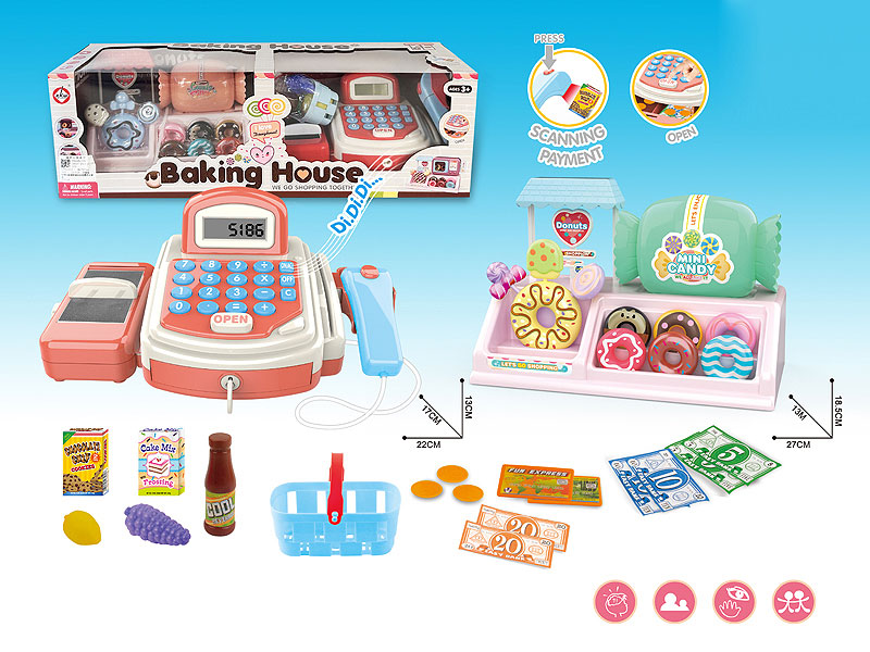 Cash register with candy house and donut shop set toys