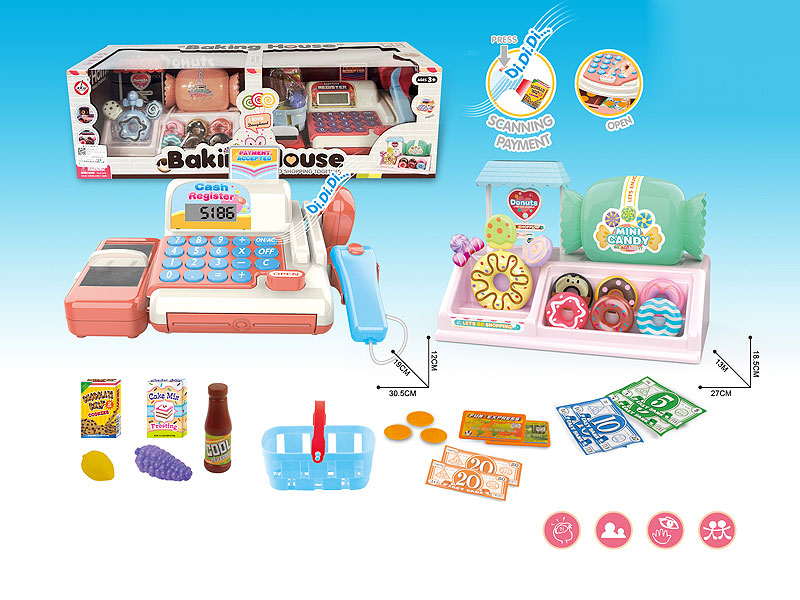 Cash register with candy house and donut shop set toys
