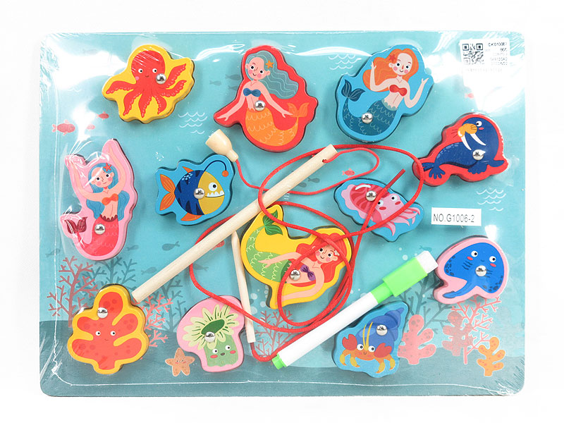 Wooden Magnetic Fishing Line Piercing Mermaid Double Sided Drawing Board toys